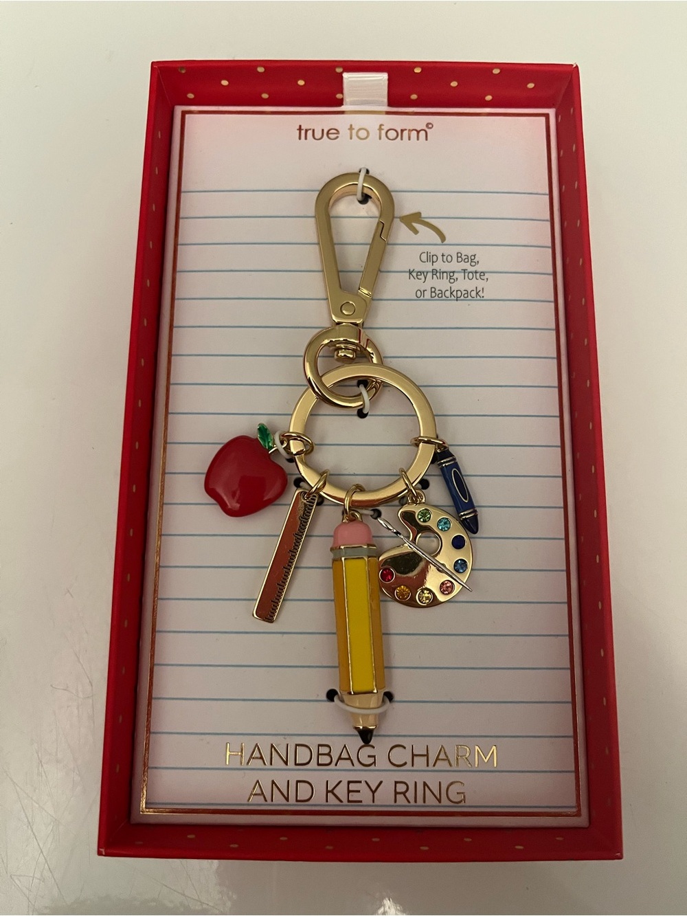 True to Form Gold-Tone Handbag Charm Key Ring with Yellow Pencil & Red Apple